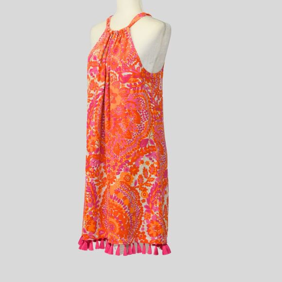 TRINA TURK Women's Peony Lined Tassel Trim Shift %100 Silk Dress Size 12 - Picture 3 of 11